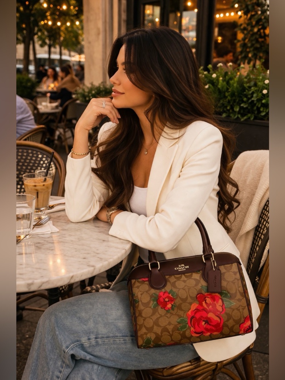 Coach Brown Floral Signature Satchel with Red Rose Accents